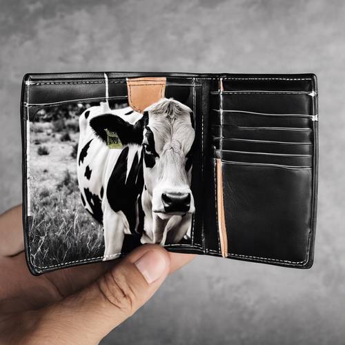 Hand crafted leather wallet with elegant black and white cow print.