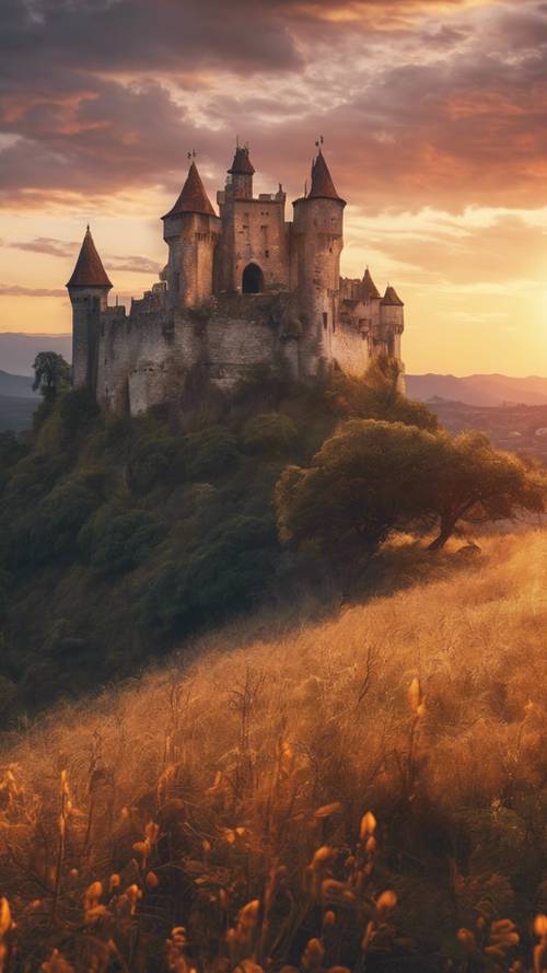 Tepelerde yer alan antik, gizemli bir kalenin üzerinde ışıltılı bir gün batımı.