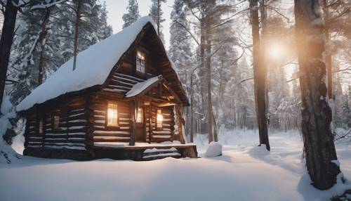 Eine rustikale Hütte, beleuchtet von einer altmodischen Öllaterne, umgeben von einem dichten, schneebedeckten Wald.