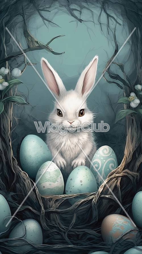 Simpatico coniglietto con uova di Pasqua in una foresta magica