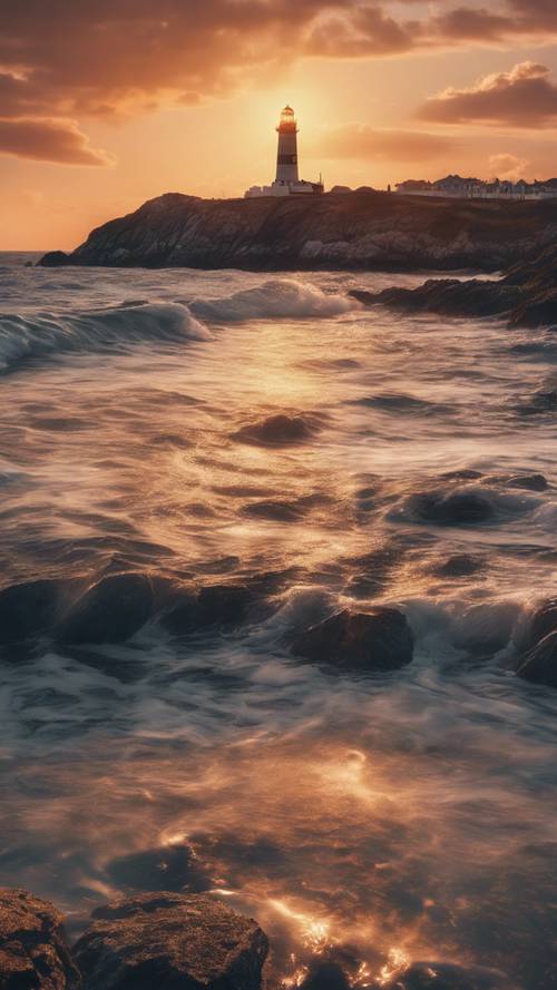 Kayalık bir kıyı şeridinde parıldayan büyüleyici bir gün batımı, uzakta bir deniz feneri.