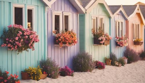 A row of quaint pastel beach houses with vibrant flowers spilling from their window boxes, under the soft glow of the setting summer sun.