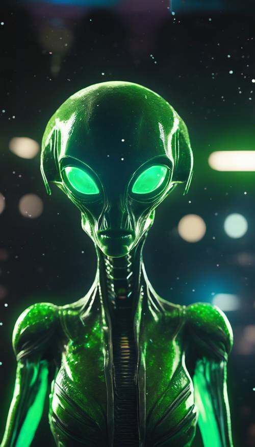 Um alienígena verde neon impressionantemente luminoso descendo de uma nave espacial contra um fundo de galáxia