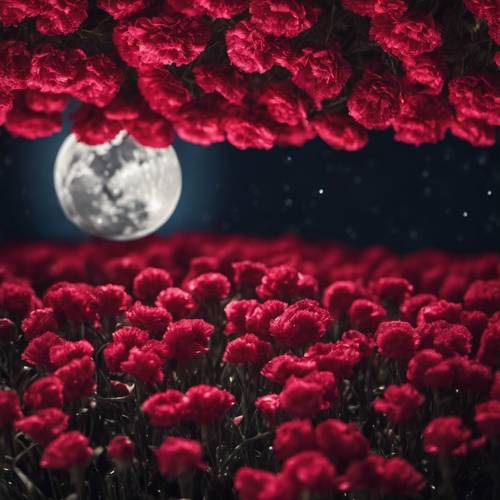 Spokojna scena księżycowej nocy przemykającej przez czerwone goździki, tworząc grę cieni i świateł.