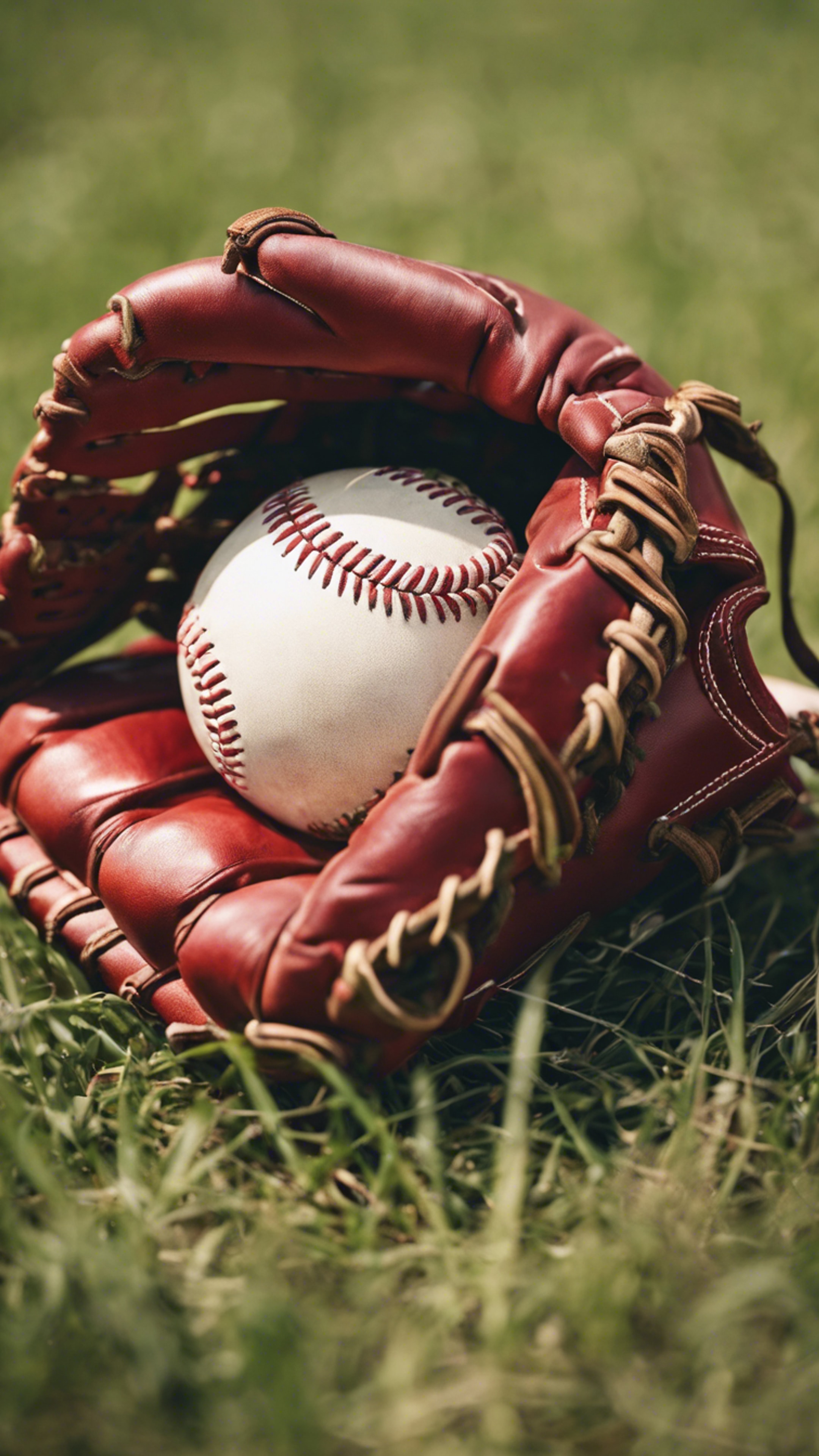 A striking red leather baseball glove on a grassy field right after a game. Tapet[10102f7c198241d6b5bd]