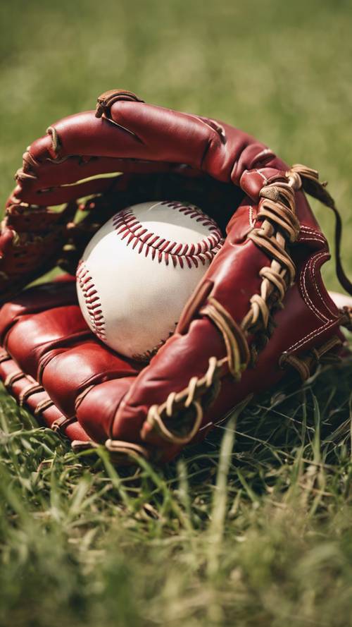 A striking red leather baseball glove on a grassy field right after a game.