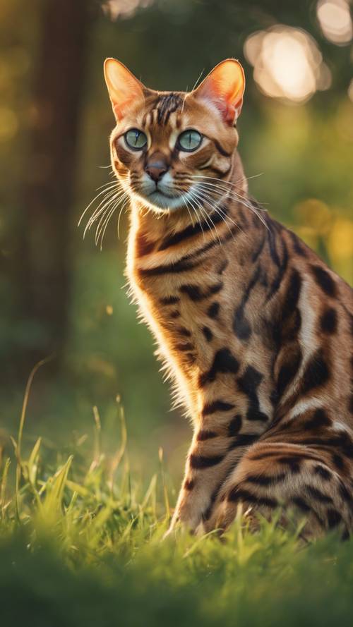 A majestic Bengal cat sitting on a lush green meadow during the sunset. Tapeta [c7c30be1cdf24360a141]
