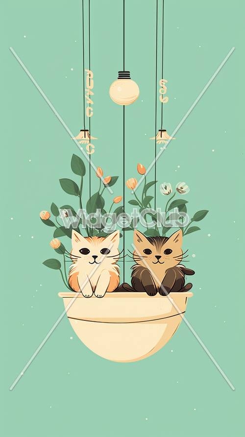 Cute Cartoon Cats and Flowers Hanging Decoration Wallpaper[d105b9a5bbec494e8b9e]