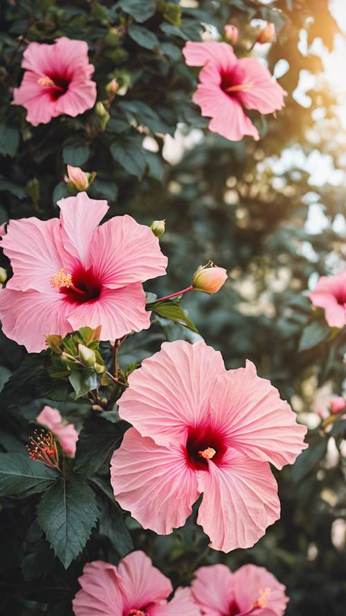 A close-up image of multiple preppy pink hibiscus flowers in full bloom in broad daylight.