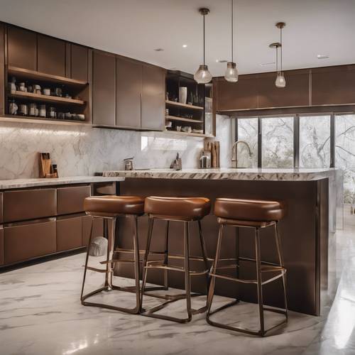 A modern kitchen with sleek brown leather bar stools lining a marble countertop.