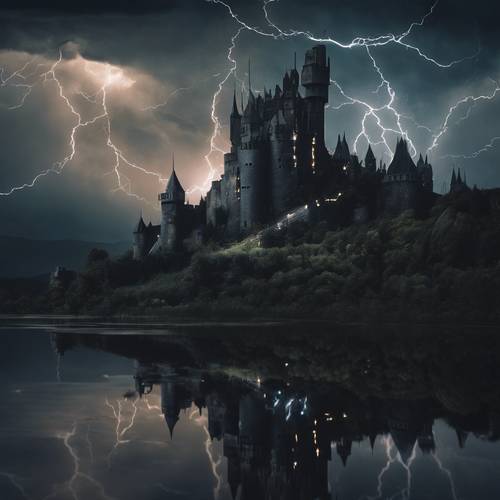 充滿黑色閃電的天空下的黑色城堡的奇幻場景。