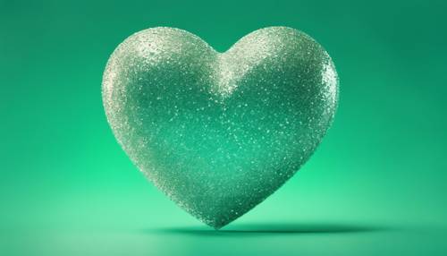 A heart icon made with iridescent glitter on a sea green background.