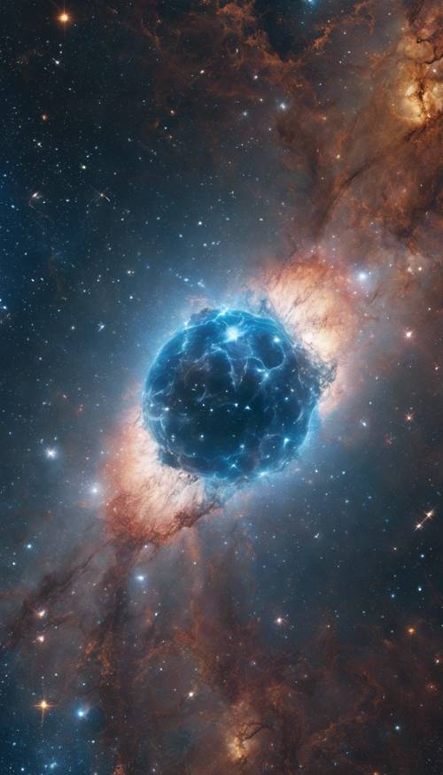 A cosmic phenomenon, a blue star nearing supernova stage, surrounded by surrounding celestial matter.