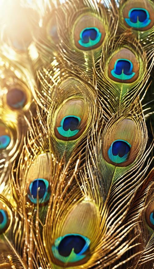 A close-up view of a gold peacock's feathers, shimmering in the midday sun.