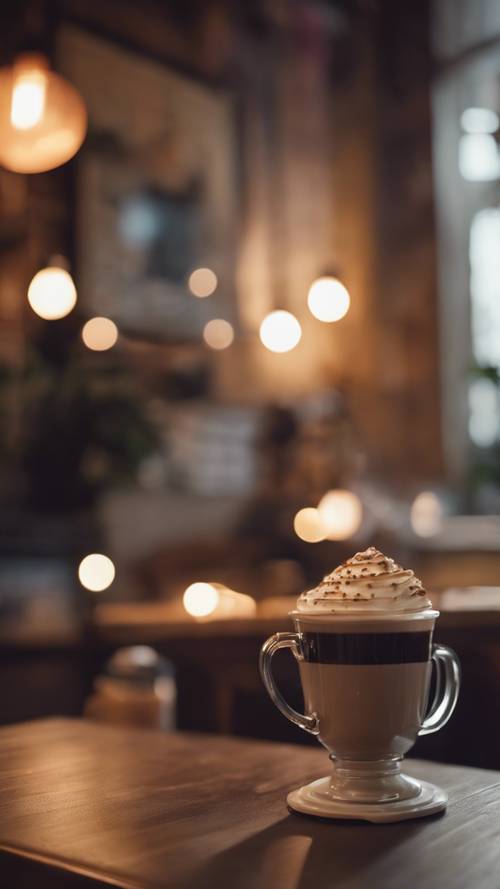 Sudut kedai kopi yang nyaman dan damai, lengkap dengan sofa nyaman, lampu senar hangat, dan cangkir cappucino yang mengepul.
