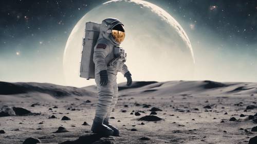 Eine ruhige Astronautin läuft auf dem Mond, während ihr Spiegelbild in ihrem Visier leuchtet.
