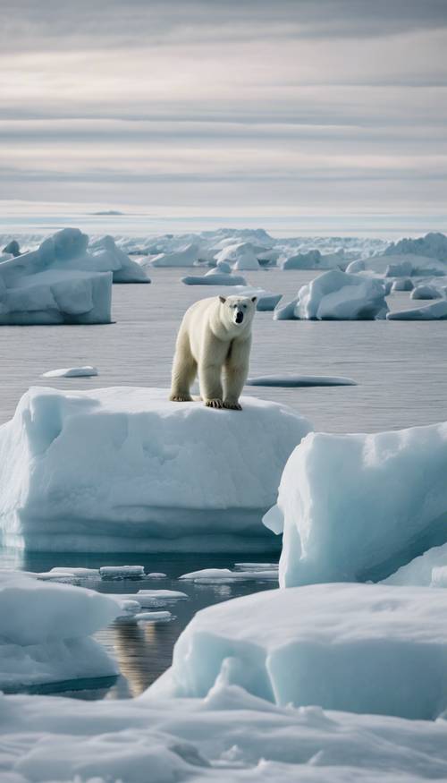 A remote snowy island in the Arctic ocean with a lone polar bear wandering across the ice sheet.