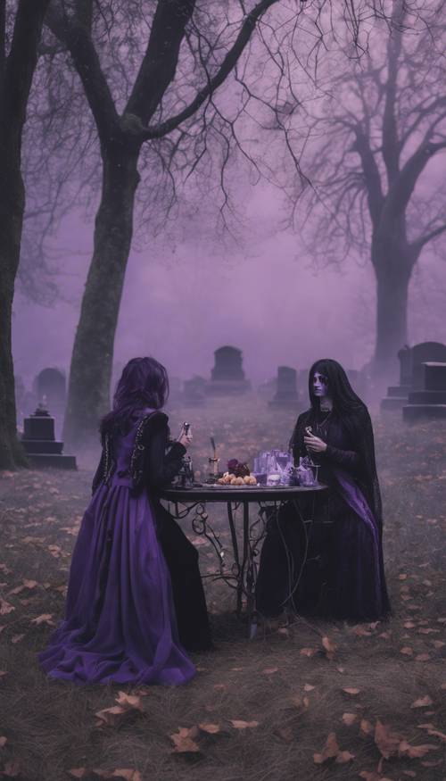 Một chuyến dã ngoại theo phong cách goth lấy màu tím làm trung tâm trong một nghĩa địa mù sương, hoàn chỉnh với bầu không khí lạnh lẽo.