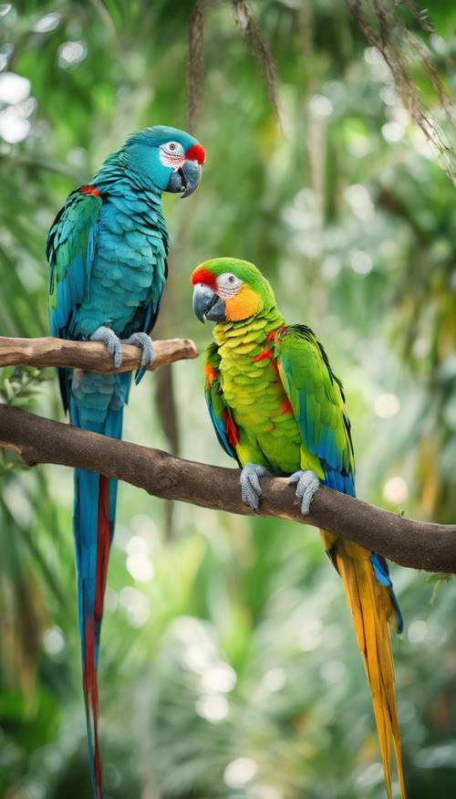 Ein Papageienpaar, einer grün und einer blau, sitzt auf dem Ast eines tropischen Baumes.