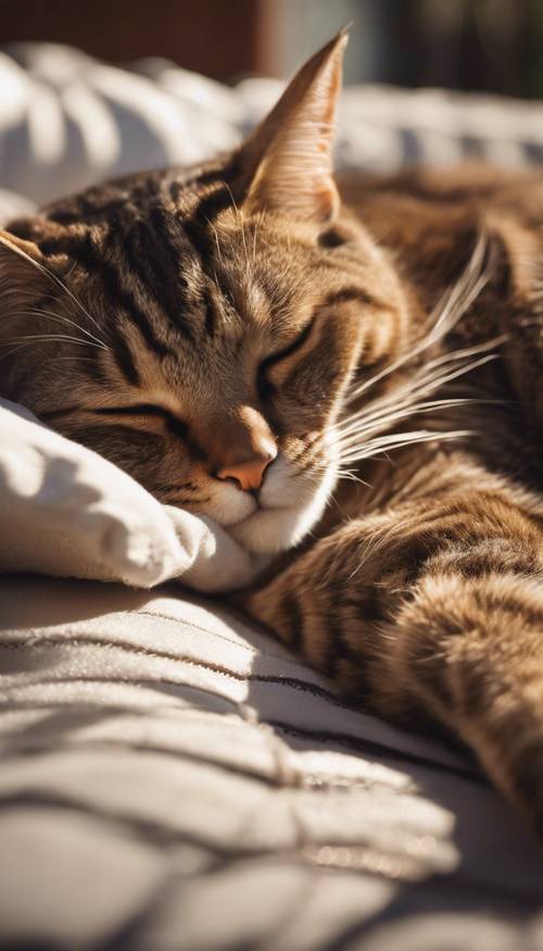 Seekor kucing kucing coklat tidur nyenyak di atas bantal di bawah sinar matahari sore.