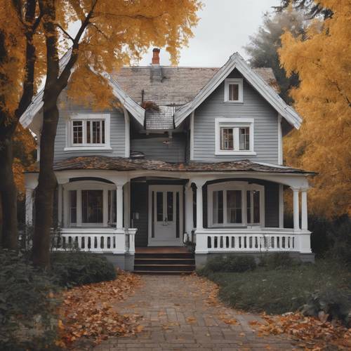 An old, cozy cottage house painted in gray and white, surrounded by autumn leaves.