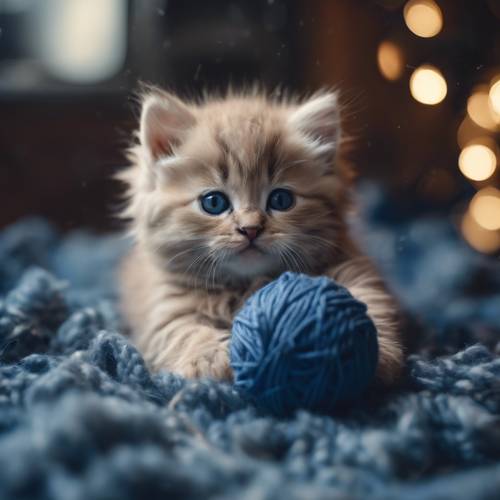 Fluffy kittens in a kawaii style, playing with a dark blue ball of wool