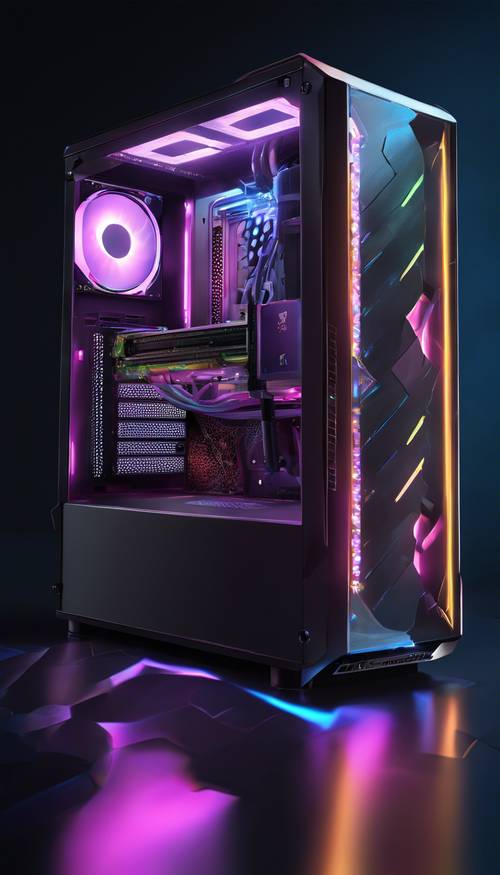Uma visão isolada de um PC para jogos moderno e elegante com componentes RGB brilhantes, contra um fundo escuro misterioso.