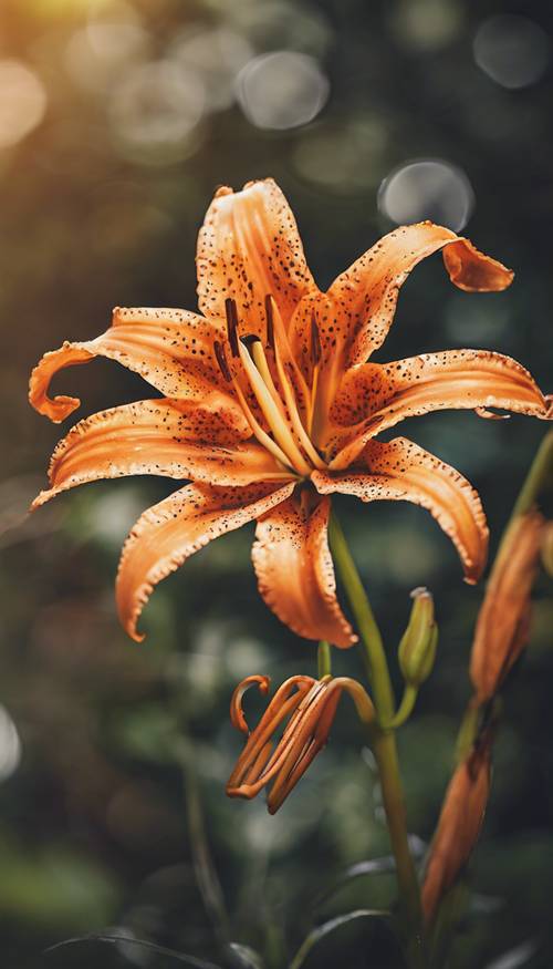 특징적인 어두운 줄무늬로 장식된 주황색 꽃잎을 지닌 타이거 릴리(Tiger Lily)의 생생한 식물 그림입니다.
