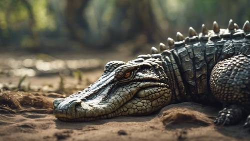 Krokodyl pogrążony w głębokim śnie, z samotnym, dziwacznym rycerzem na straży.