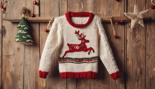 A hand-knitted Christmas jumper with a playful reindeer design hanging on a wooden hanger.