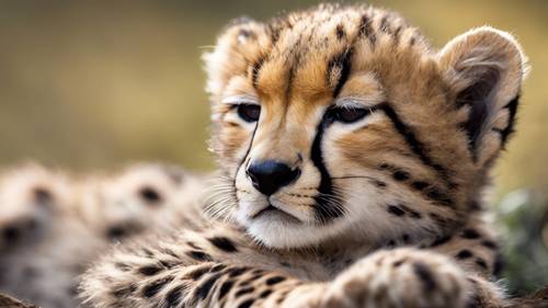 Uyuklayan bir çita yavrusu, göğsünde güzel desenli çita izi görülüyor.