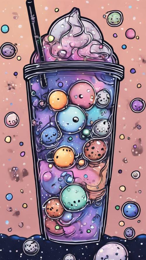 Um rabisco artístico de um chá de bolhas com tema de galáxia, com pequenos planetas fofos como pérolas contra uma mistura de chá preto com leite à meia-noite.