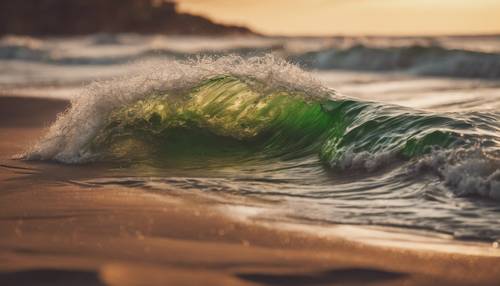 一幅超现实主义的图像，描绘了日落时分的绿色波浪和棕色沙滩。