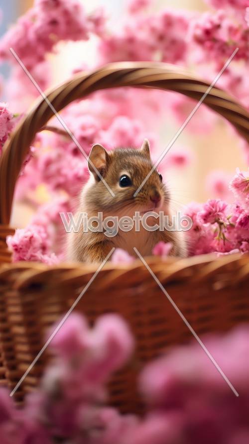 可爱的花栗鼠被粉色花朵包围