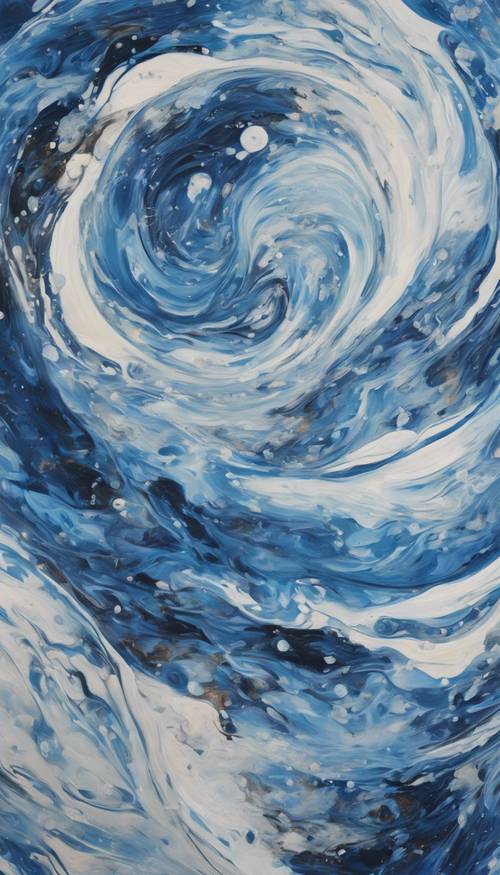 Un dipinto astratto di vorticosi colori blu e bianchi, che ricorda in qualche modo la Notte stellata di Van Gogh.