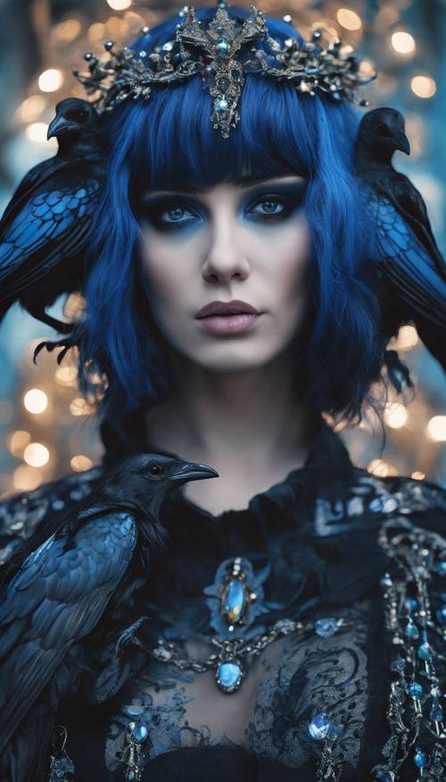 A pop surrealism portrait of a lady with raven colored hair, adorned with iridescent blue jewels.