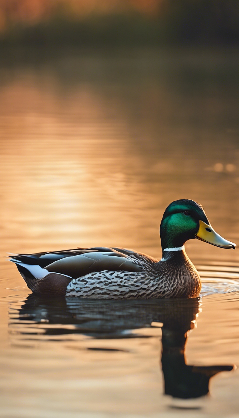 A mallard duck swimming calmly in a pristine lake at dawn. Tapeta[4f0b4da10e6b4d7890ca]