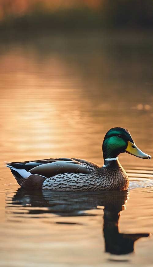 Um pato-real nadando calmamente em um lago cristalino ao amanhecer.
