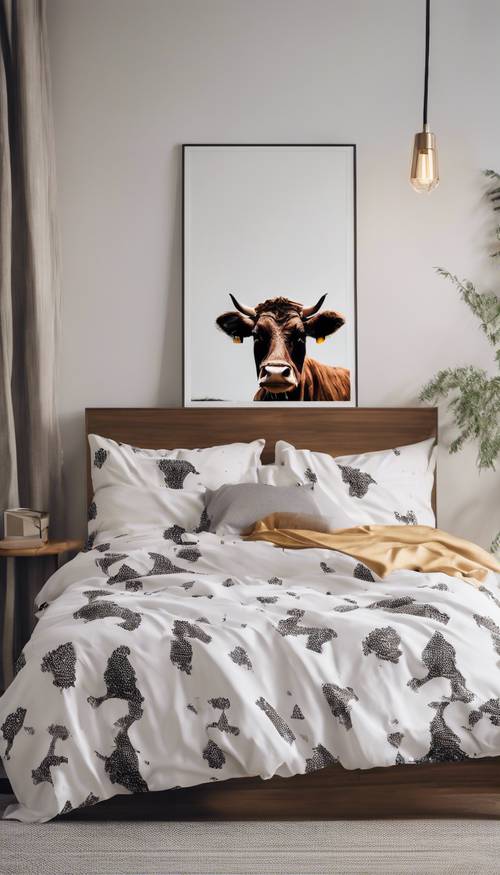 An adorable bedroom interior with bed sheets featuring a charming cow print.