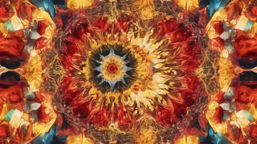 Ein lebendiges, nahtloses kaleidoskopisches Muster voller hypnotisierender Rot- und Gelbtöne.
