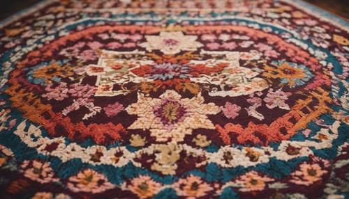 Um padrão floral atemporal lindamente entrelaçado em um tapete kilim turco feito à mão.