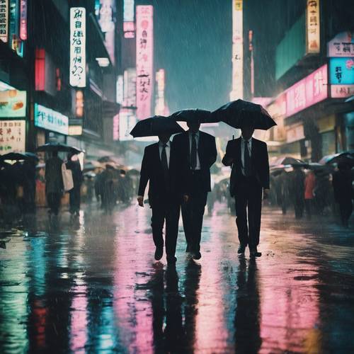 Shadowy figures in suits hurrying through a Tokyo drenched in rain and neon glow.