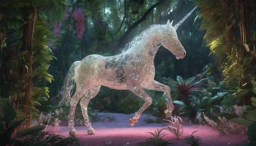 Une licorne 3D éthérée, translucide et scintillante sous une jungle luxuriante.