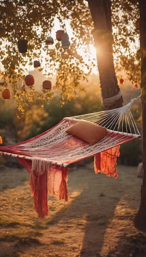 A tranquil boho outdoor setup with vibrant, fall-colored hammocks and lanterns hanging from the trees at sunset.