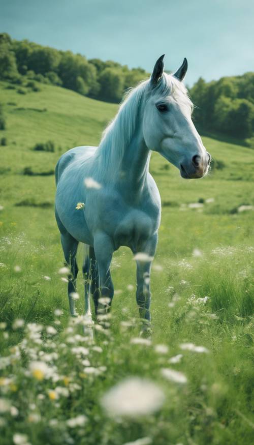 春天，一匹蓝色小马在郁郁葱葱的草地上吃草。