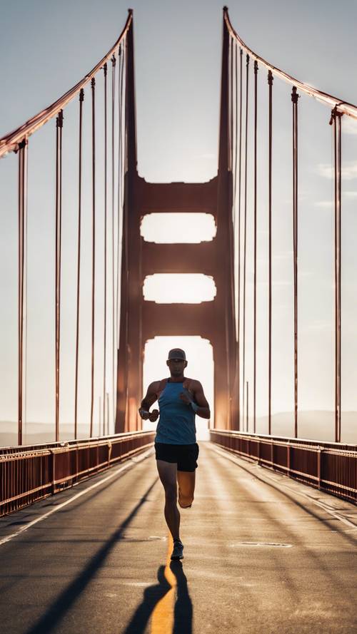 A runner crossing the Golden Gate Bridge during an early morning marathon.
