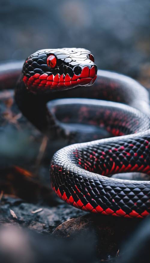 A highly coiled black snake with bright red eyes hunting its prey stealthily at dusk.