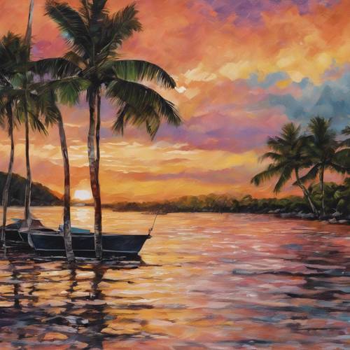 波多黎各博克龙湾日落的印象派绘画