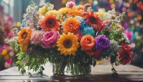 A vibrant bouquet of flowers in rainbow colors.