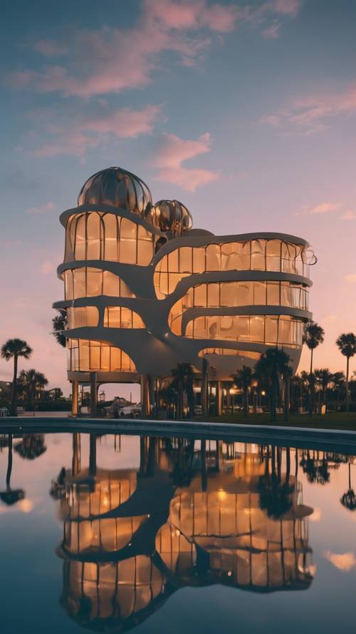The surreal landscape of the Salvador Dali Museum in St. Petersburg, Florida, against a twilight sky.